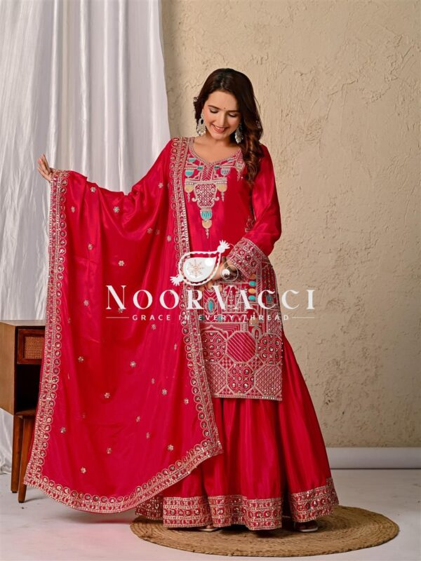 Shop Designer Chinon Silk Top with Sharara Plazzo & Dupatta Set - Image 2