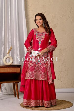 Shop Designer Chinon Silk Top with Sharara Plazzo & Dupatta Set
