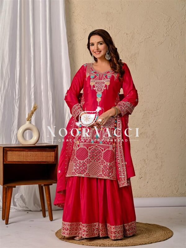 Shop Designer Chinon Silk Top with Sharara Plazzo & Dupatta Set