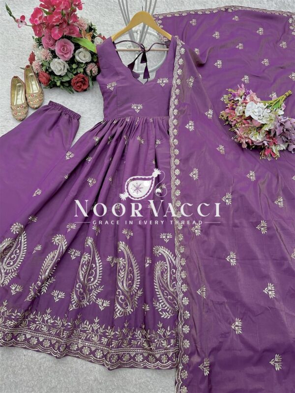 Buy Pure Roman Simer Silk Embroidered Gown Set with Plazzo & Dupatta - Image 6