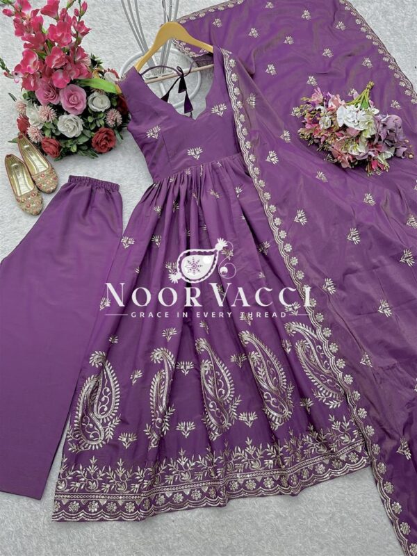 Buy Pure Roman Simer Silk Embroidered Gown Set with Plazzo & Dupatta - Image 7