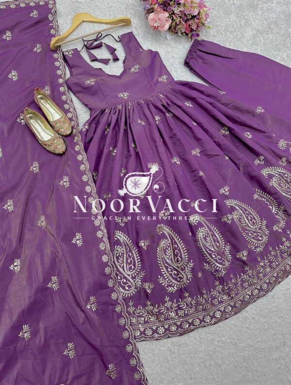Buy Pure Roman Simer Silk Embroidered Gown Set with Plazzo & Dupatta - Image 8