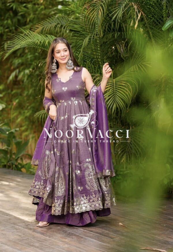 Buy Pure Roman Simer Silk Embroidered Gown Set with Plazzo & Dupatta - Image 2
