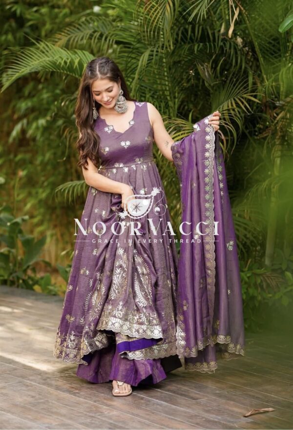 Buy Pure Roman Simer Silk Embroidered Gown Set with Plazzo & Dupatta - Image 5