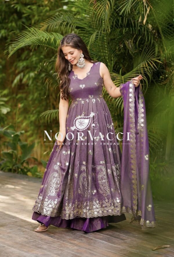 Buy Pure Roman Simer Silk Embroidered Gown Set with Plazzo & Dupatta - Image 4