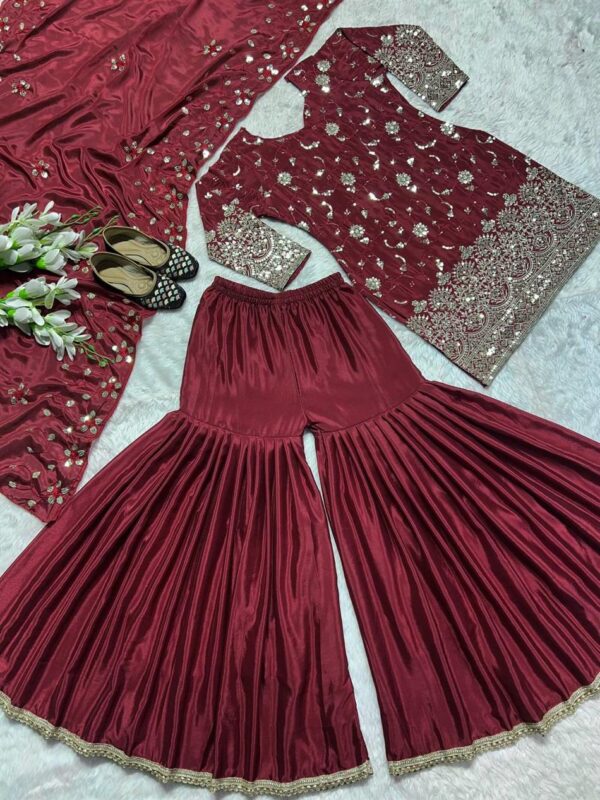 Designer Chinon Silk Embroidered Top with Sharara Plazzo & Dupatta - Image 4
