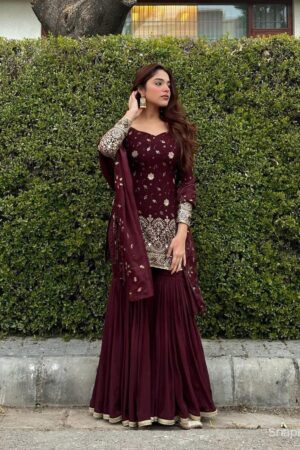 Designer Chinon Silk Embroidered Top with Sharara Plazzo & Dupatta