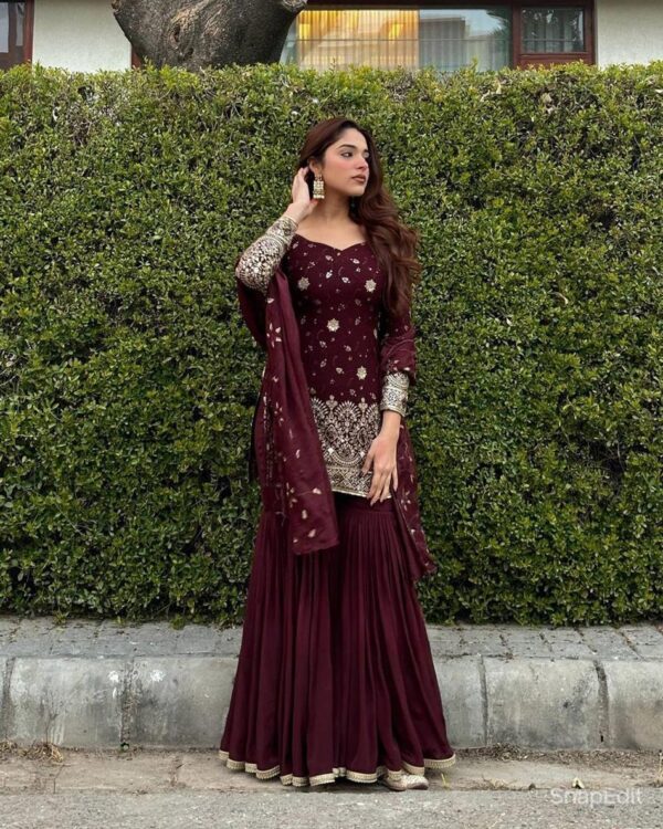 Designer Chinon Silk Embroidered Top with Sharara Plazzo & Dupatta