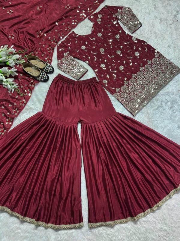 Designer Chinon Silk Embroidered Top with Sharara Plazzo & Dupatta - Image 5