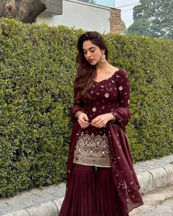 Designer Chinon Silk Embroidered Top with Sharara Plazzo & Dupatta - Image 3