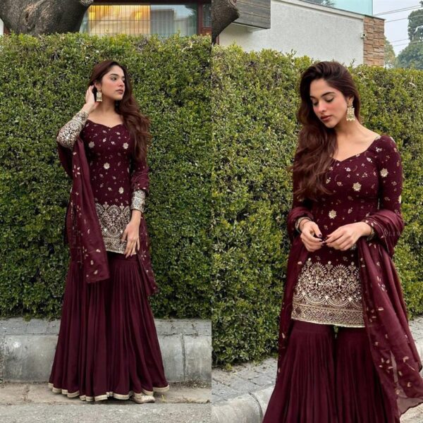 Designer Chinon Silk Embroidered Top with Sharara Plazzo & Dupatta - Image 2