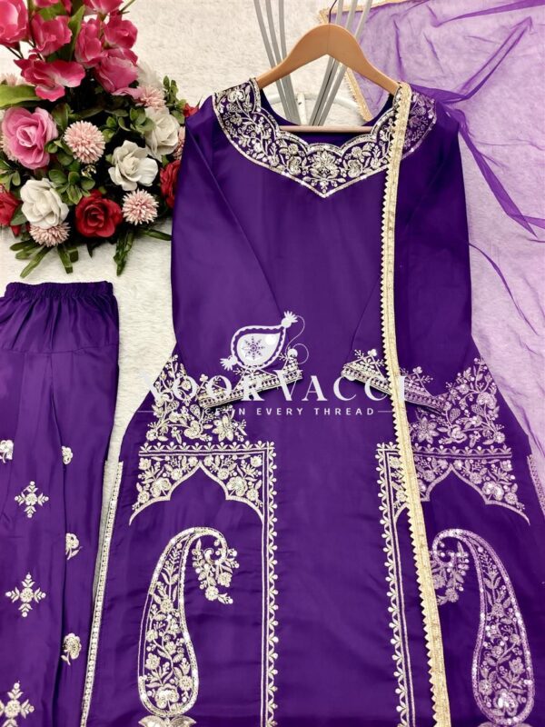 Shop Pure Natural Crepe Satin Embroidered Farshi Suit Set with Dupatta - Image 3