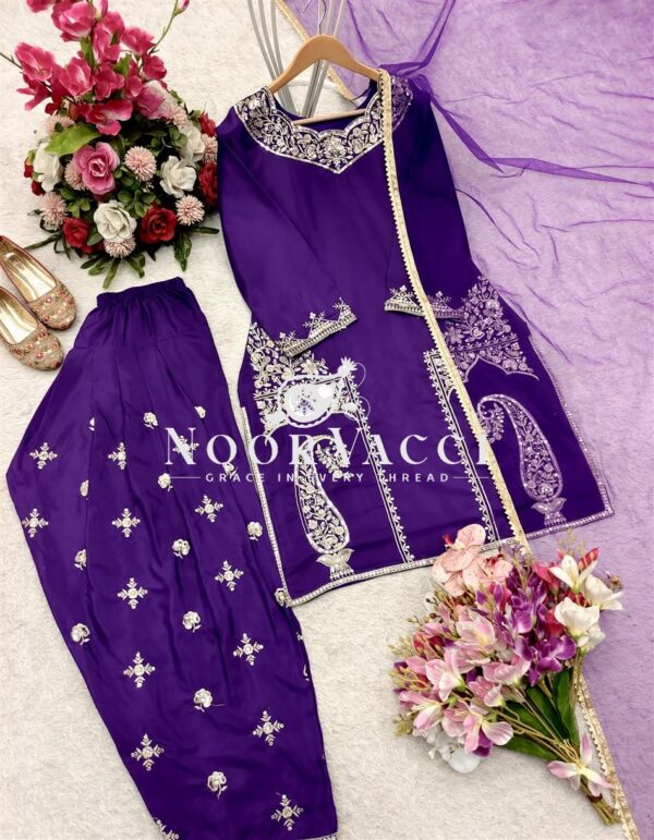 Shop Pure Natural Crepe Satin Embroidered Farshi Suit Set with Dupatta - Image 4