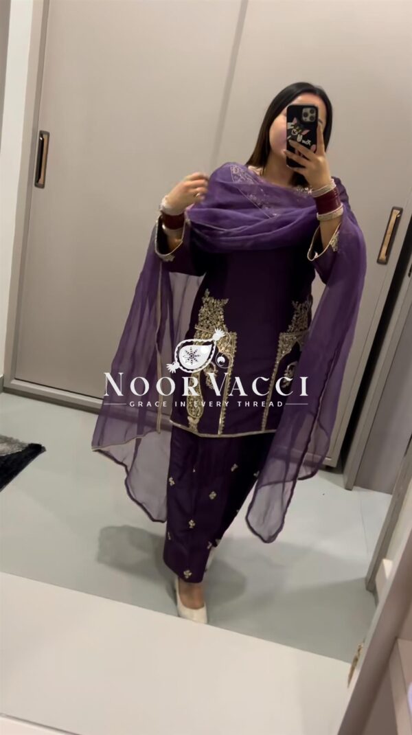 Shop Pure Natural Crepe Satin Embroidered Farshi Suit Set with Dupatta - Image 2
