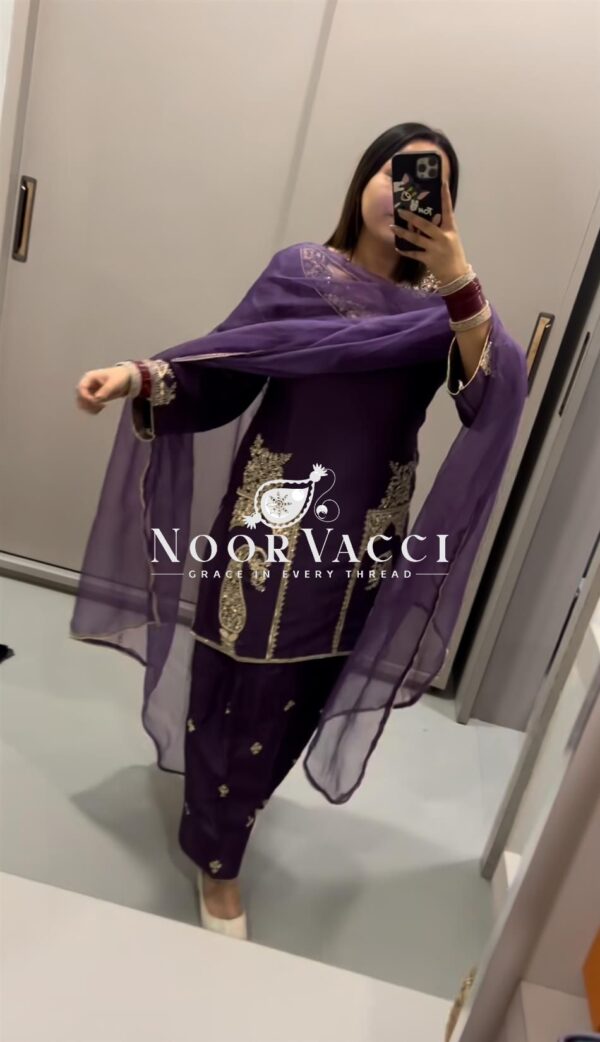 Shop Pure Natural Crepe Satin Embroidered Farshi Suit Set with Dupatta