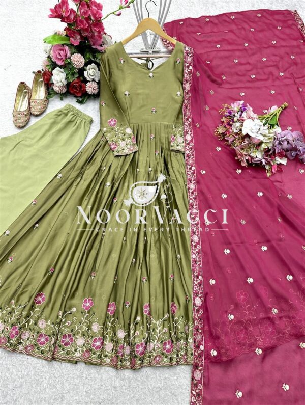 Shop Pure Rangoli Silk Embroidered Gown-Pant Set with Dupatta - Image 3