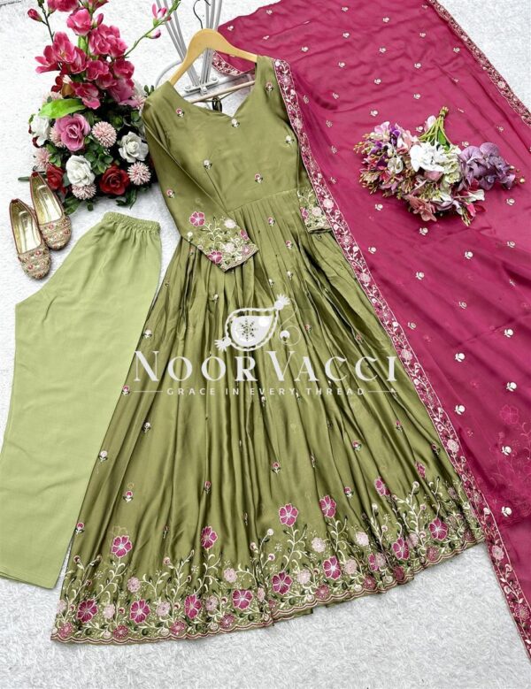 Shop Pure Rangoli Silk Embroidered Gown-Pant Set with Dupatta - Image 5