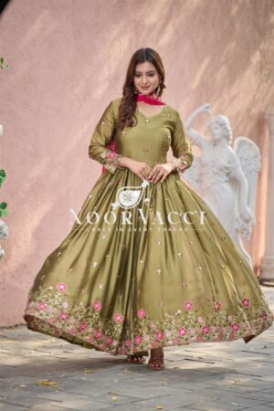 Shop Pure Rangoli Silk Embroidered Gown-Pant Set with Dupatta