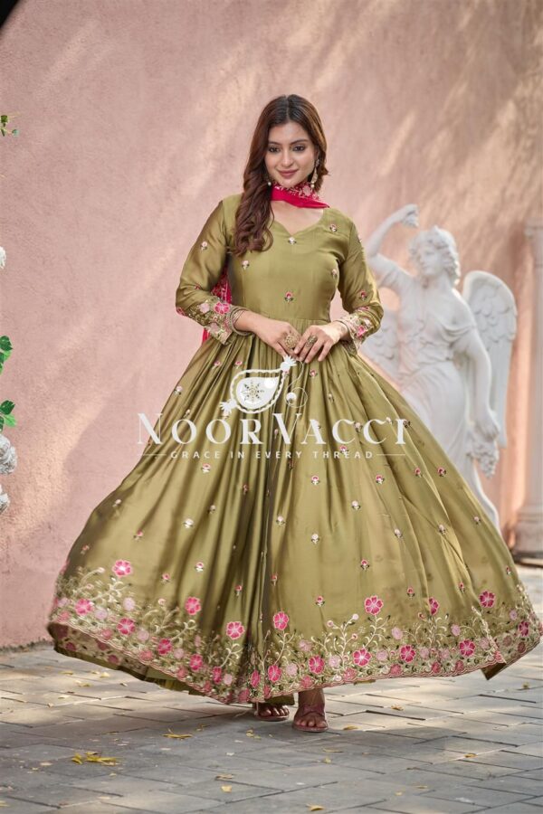 Shop Pure Rangoli Silk Embroidered Gown-Pant Set with Dupatta