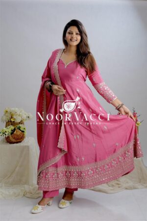 Shop Pure Natural Crepe Embroidered Gown-Pant Set with Dupatta