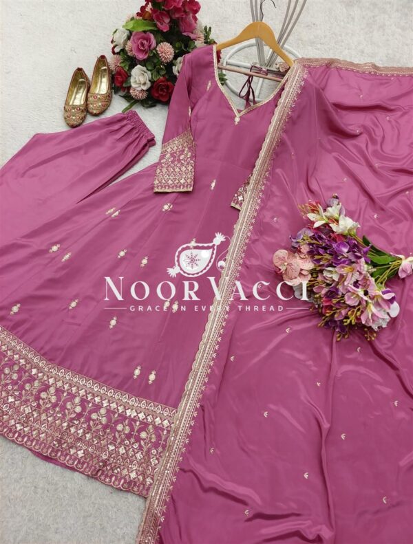 Shop Pure Natural Crepe Embroidered Gown-Pant Set with Dupatta - Image 4