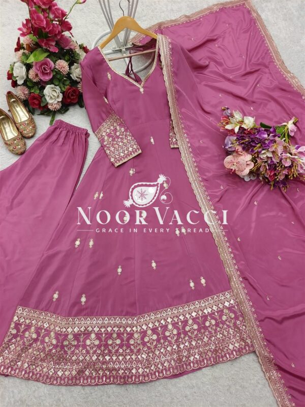 Shop Pure Natural Crepe Embroidered Gown-Pant Set with Dupatta - Image 3