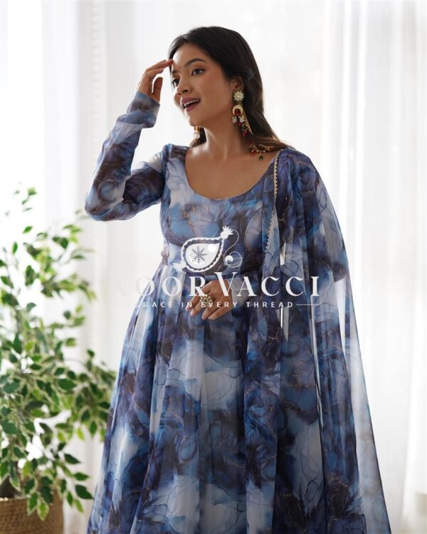 Shop Marble Print Organza Silk Anarkali Suit with Dupatta & Pant Set - Image 3