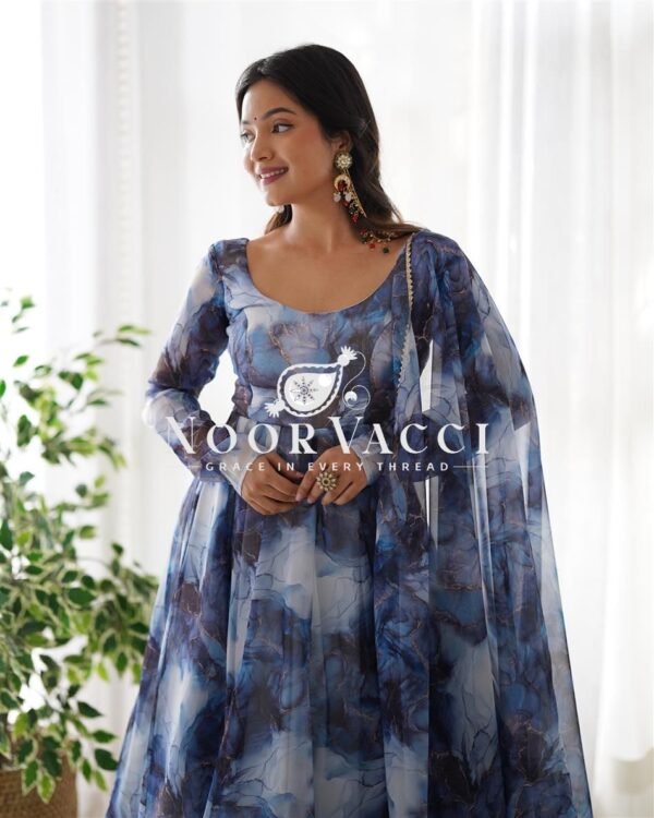 Shop Marble Print Organza Silk Anarkali Suit with Dupatta & Pant Set - Image 2