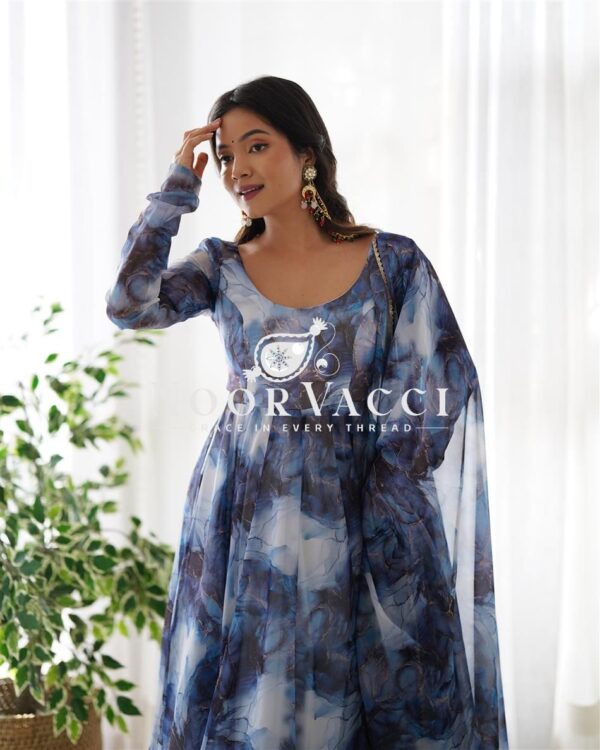 Shop Marble Print Organza Silk Anarkali Suit with Dupatta & Pant Set - Image 6