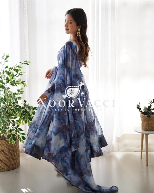 Shop Marble Print Organza Silk Anarkali Suit with Dupatta & Pant Set - Image 7