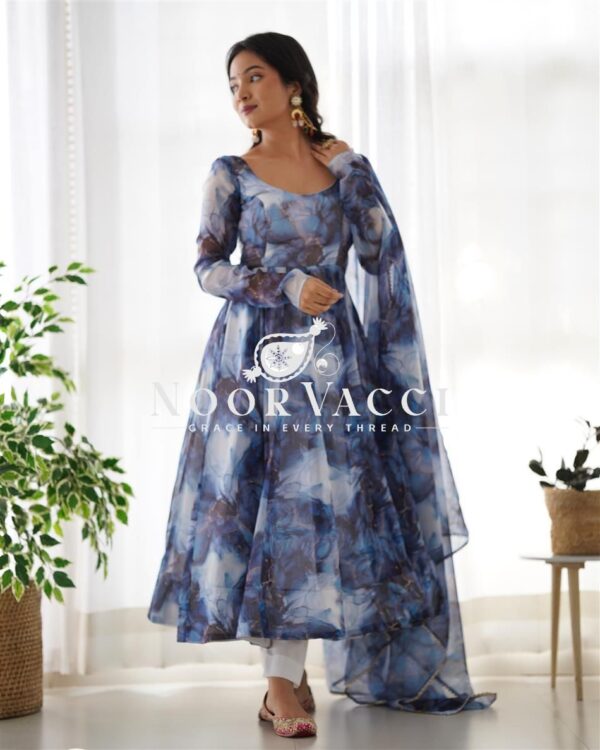 Shop Marble Print Organza Silk Anarkali Suit with Dupatta & Pant Set - Image 8