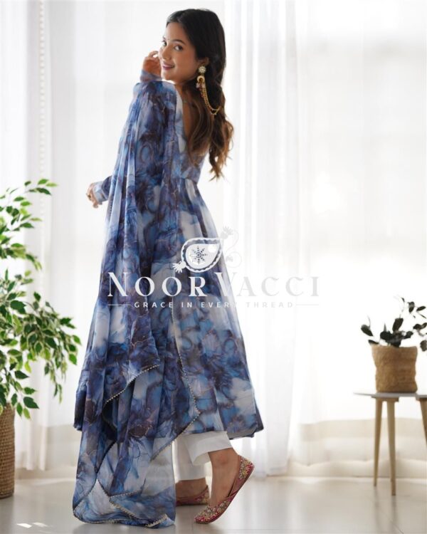 Shop Marble Print Organza Silk Anarkali Suit with Dupatta & Pant Set - Image 4
