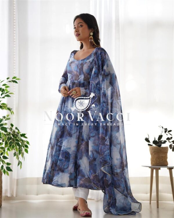 Shop Marble Print Organza Silk Anarkali Suit with Dupatta & Pant Set - Image 5