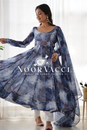 Shop Marble Print Organza Silk Anarkali Suit with Dupatta & Pant Set