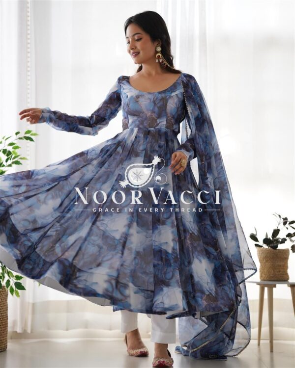 Shop Marble Print Organza Silk Anarkali Suit with Dupatta & Pant Set