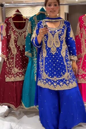 Designer Chinon Silk Embroidered Top with Sharara Plazzo & Dupatta
