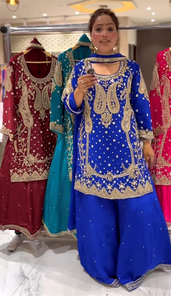 Designer Chinon Silk Embroidered Top with Sharara Plazzo & Dupatta