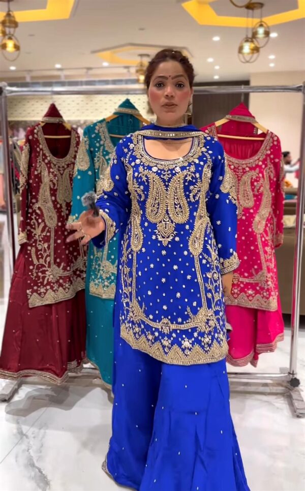 Designer Chinon Silk Embroidered Top with Sharara Plazzo & Dupatta - Image 3