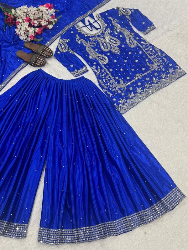 Designer Chinon Silk Embroidered Top with Sharara Plazzo & Dupatta - Image 4
