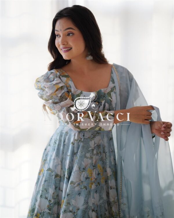 Buy Organza Silk Floral Anarkali Set with Dupatta & Pant - Image 8