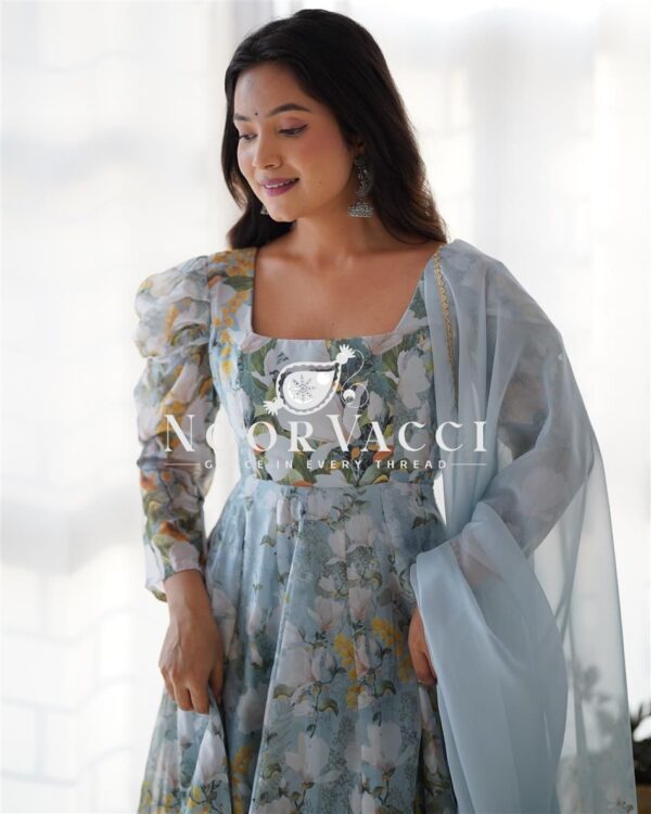 Buy Organza Silk Floral Anarkali Set with Dupatta & Pant - Image 9