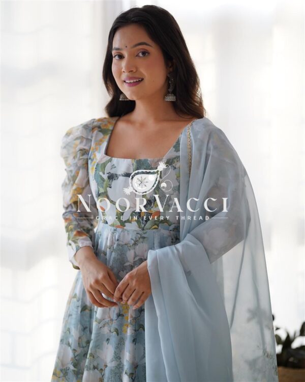 Buy Organza Silk Floral Anarkali Set with Dupatta & Pant - Image 2