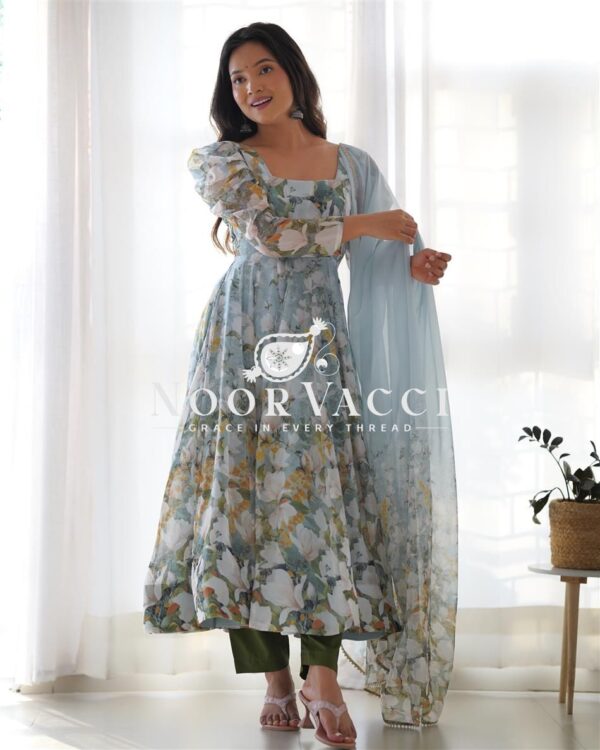 Buy Organza Silk Floral Anarkali Set with Dupatta & Pant - Image 3
