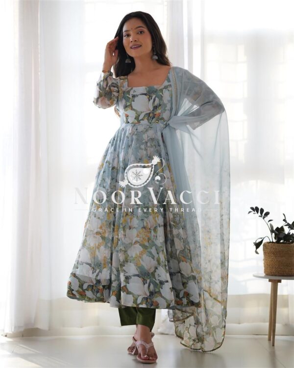 Buy Organza Silk Floral Anarkali Set with Dupatta & Pant - Image 4