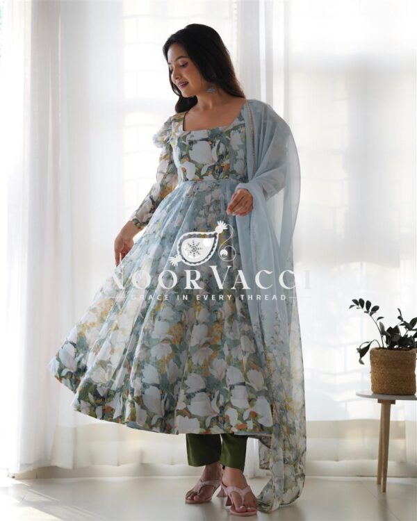 Buy Organza Silk Floral Anarkali Set with Dupatta & Pant - Image 5