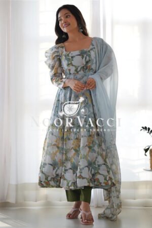 Buy Organza Silk Floral Anarkali Set with Dupatta & Pant