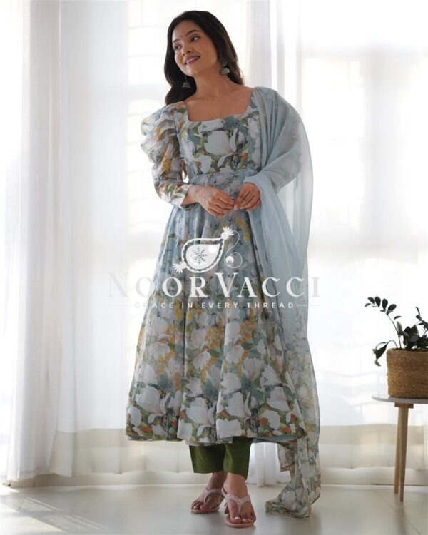 Buy Organza Silk Floral Anarkali Set with Dupatta & Pant