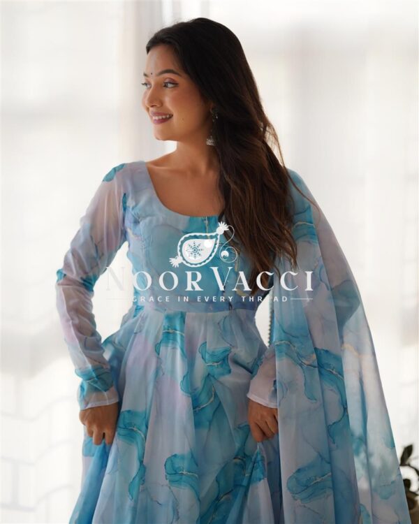 Buy Marble Print Organza Silk Anarkali Suit with Dupatta & Pant Set - Image 2