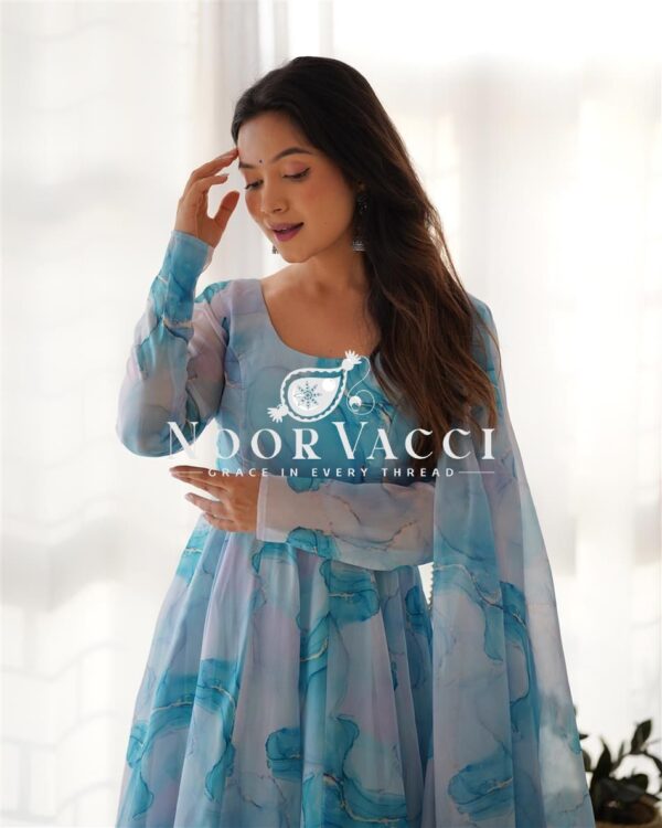 Buy Marble Print Organza Silk Anarkali Suit with Dupatta & Pant Set - Image 6