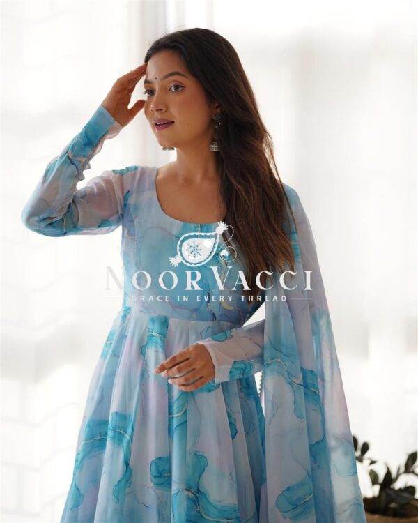 Buy Marble Print Organza Silk Anarkali Suit with Dupatta & Pant Set - Image 7